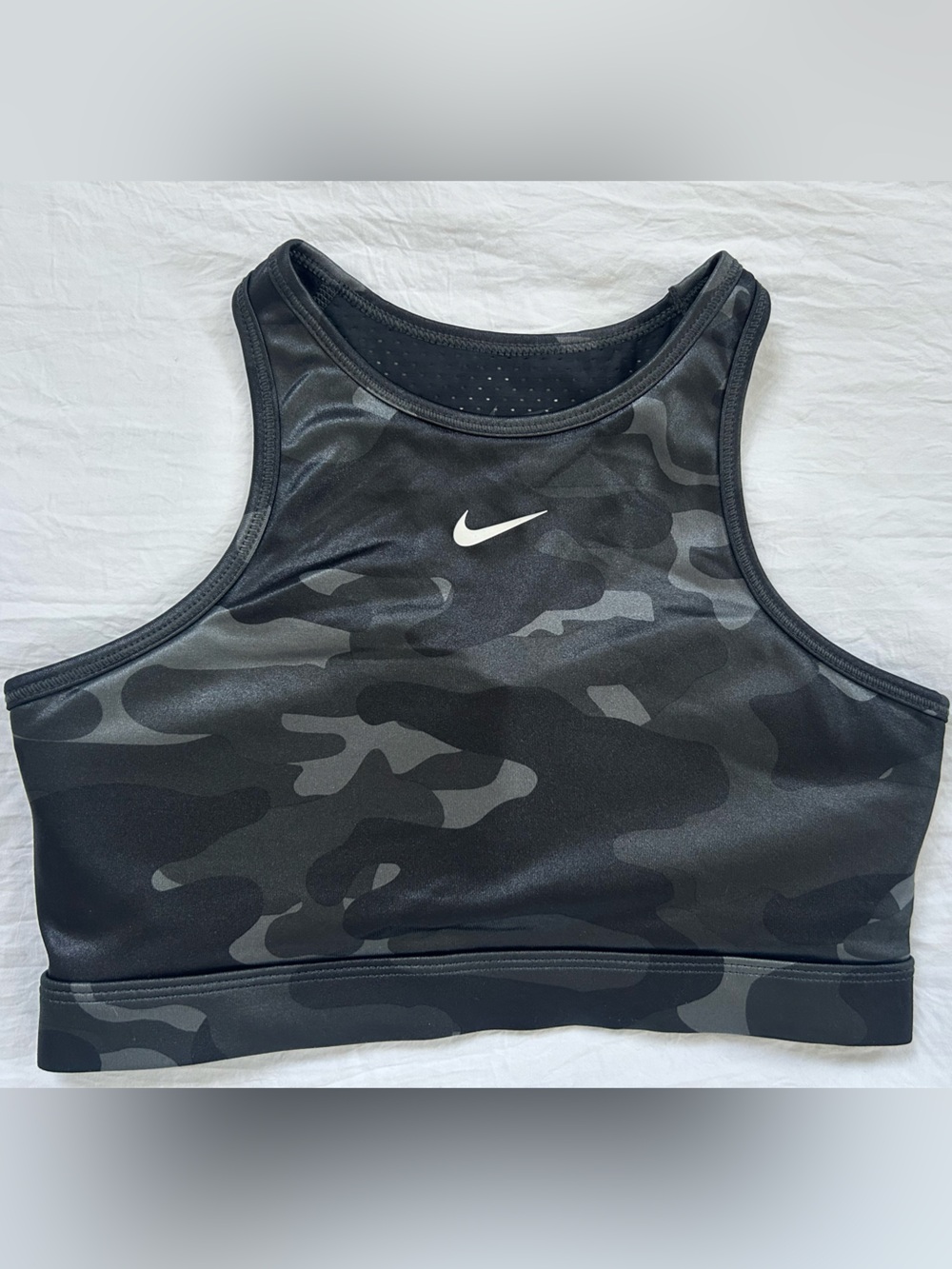 Nike Dri-Fit Black and Gray Camouflage High Neck Swoosh Racerback Sports Bra